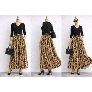 Truly 4 You Maxi Skirt Womens L Yellow Floral Boho Gold Chain Stripe High Rise